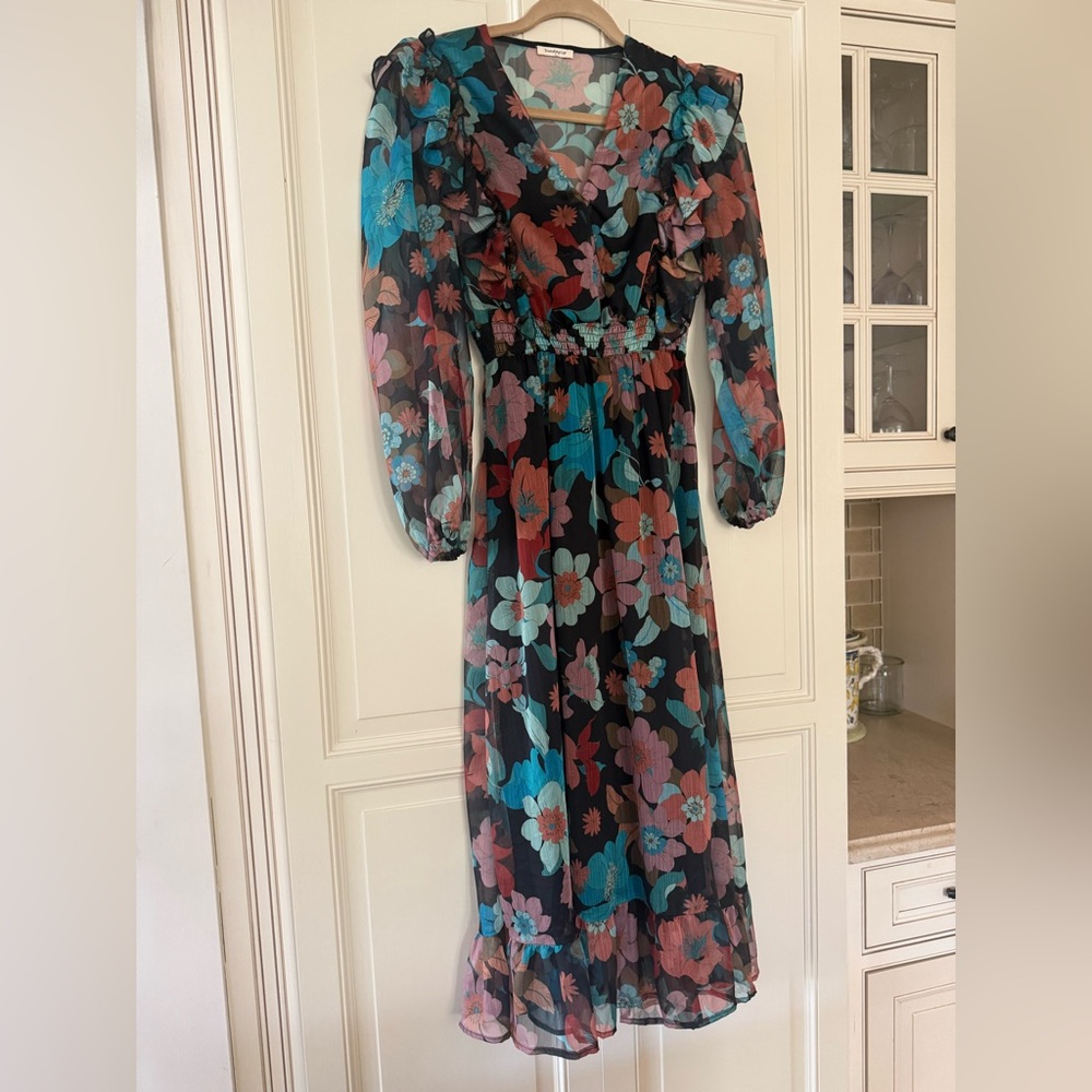 Black Floral Long Sleeve Midi Dress with Teal & Coral Flowers